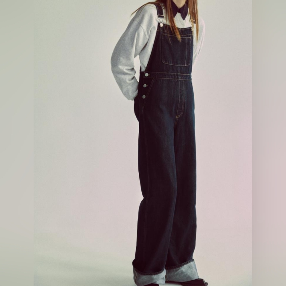 Zara TRF LONG DENIM OVERALLS Dark indigo Sz XL NWT